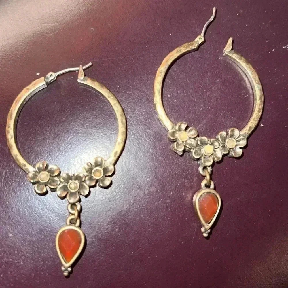 LUCKY BRAND Women’s Floral Antique Rhinestone Hoops Dangling Caramel Faux Stone